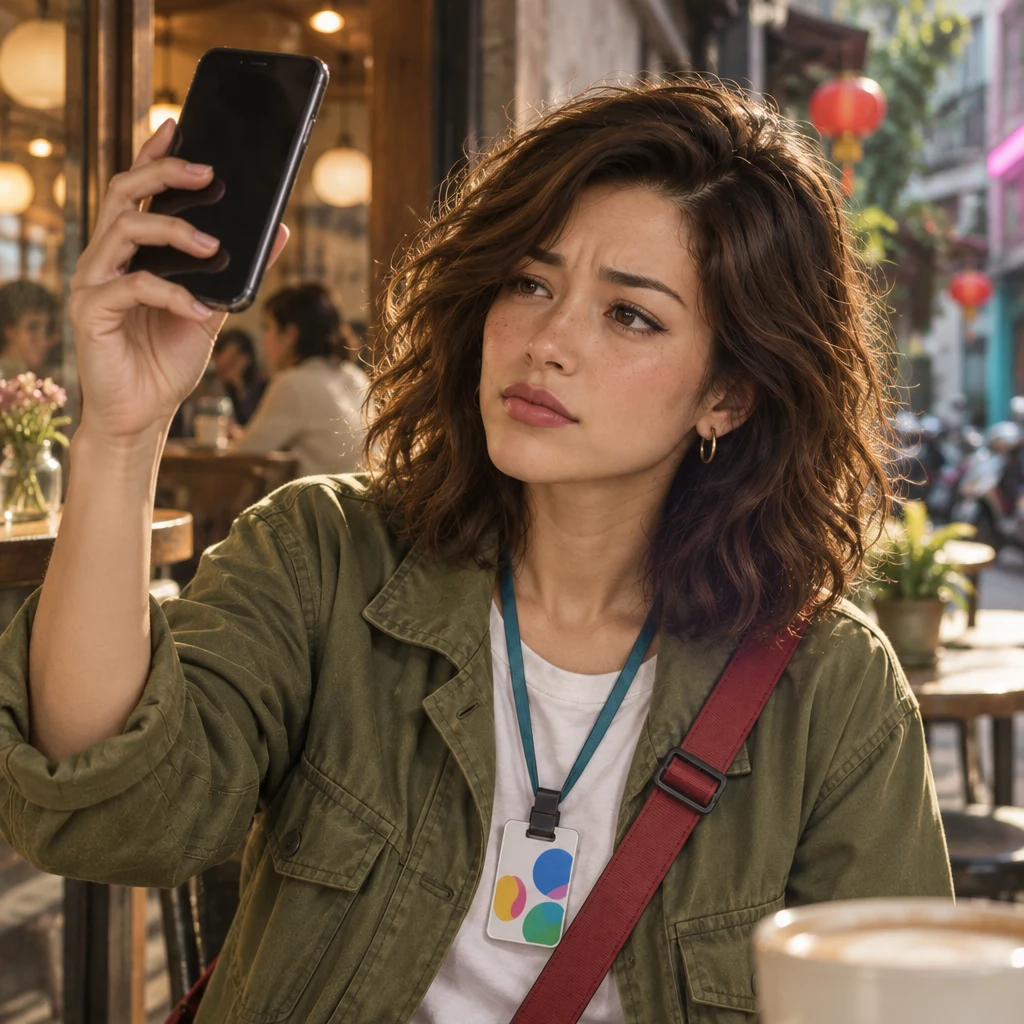 Maya holds up her dead phone after it shuts off mid-message.