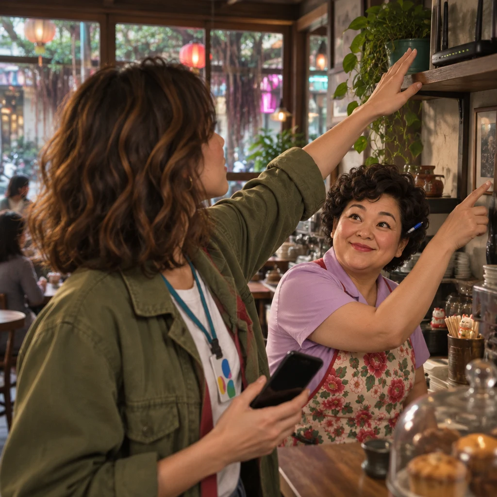 Maya asks Auntie Lin for the Wi-Fi password and gestures toward the café router.