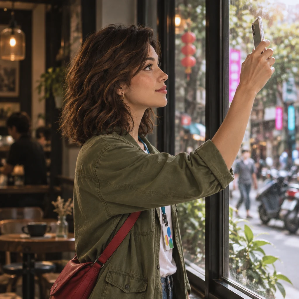 Maya raises her phone toward the café window, searching for a signal.