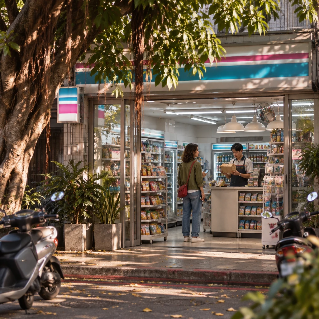 Maya stands small at a neighborhood convenience-store counter while a clerk checks a wrapped parcel.