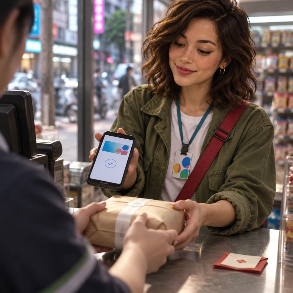 Maya holds out her phone with the pickup code while the clerk hands her the parcel.
