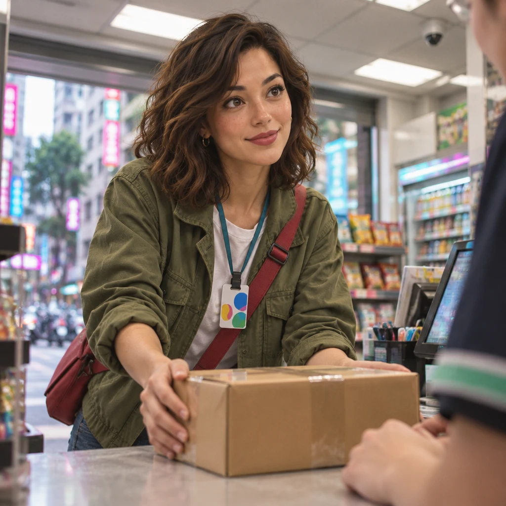 Maya tells the clerk she wants to send a parcel as she sets a box on the counter.