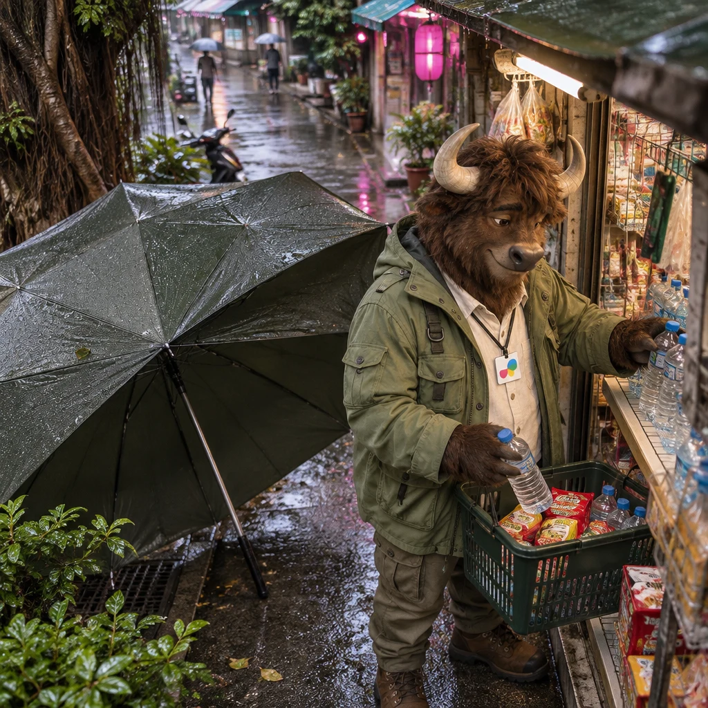 A-Li gathers extra bottled water and instant noodles at a neighborhood shop beside a huge umbrella.
