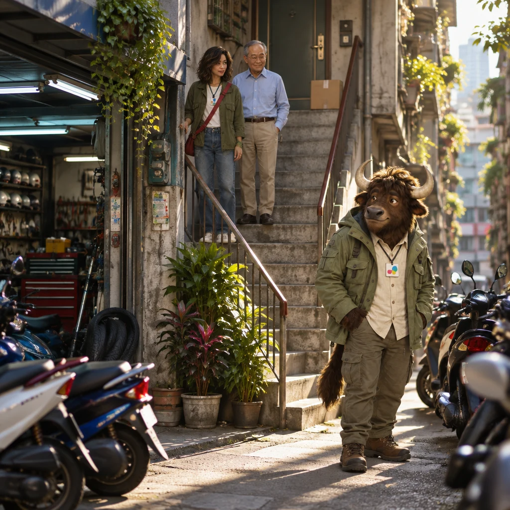 Maya and Mr. Wang stand together in the open walk-up stairwell above the scooter shop while A-Li searches Banyan Lane empty-handed and a parcel rests at the entrance.