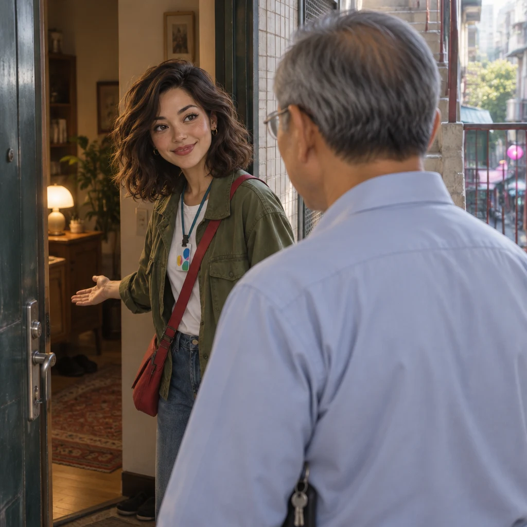 Maya stands at her open apartment door on the upper landing and ushers Mr. Wang inward with an open palm.