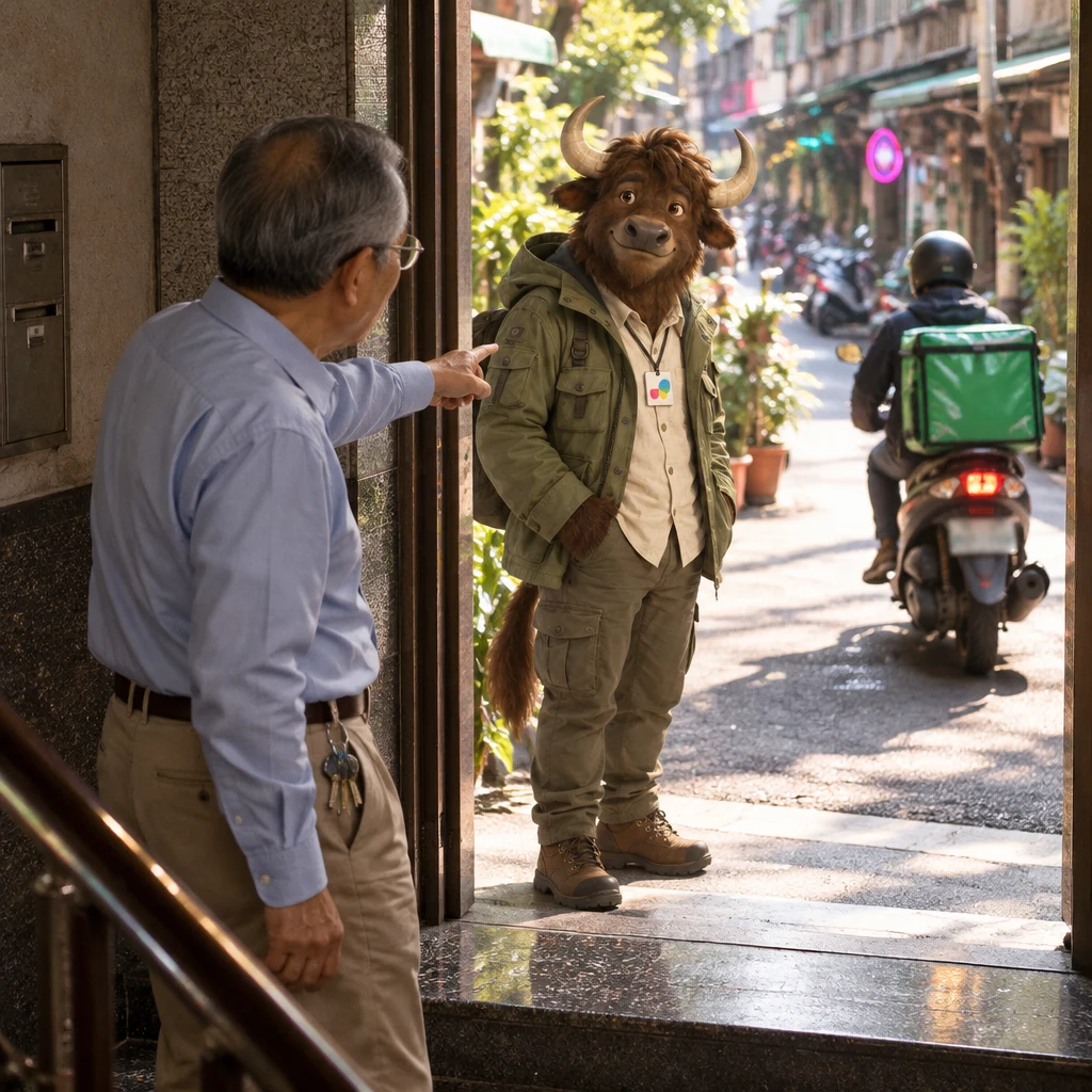 A delivery rider walks out through the building entrance onto the lane while Mr. Wang points from the stairs and A-Li watches.