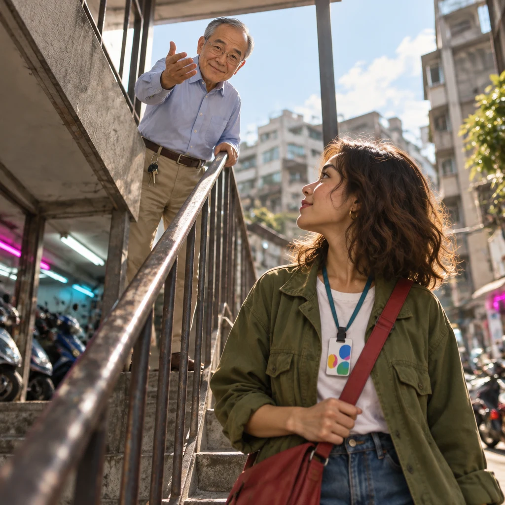 Mr. Wang leans over the stair rail on the upper landing and beckons Maya upward with an open raised hand.