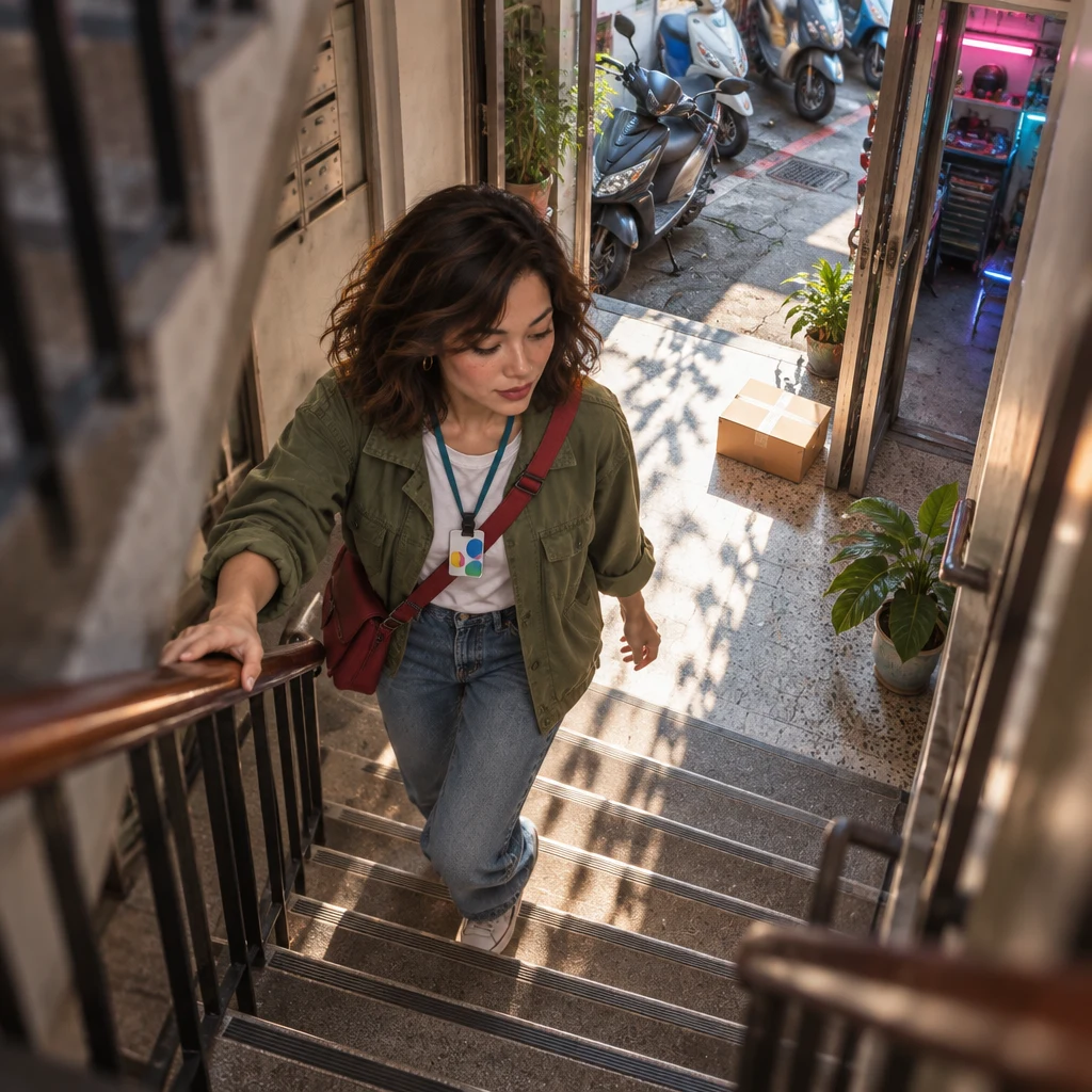 Maya hurries down the open stairwell toward the entrance, looking at the parcel below.