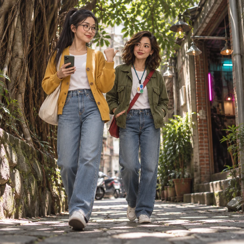 Yi-Jun walks a half-step ahead on the banyan lane and looks back with a confident nod toward a side alley, passing along a friend's good tip.