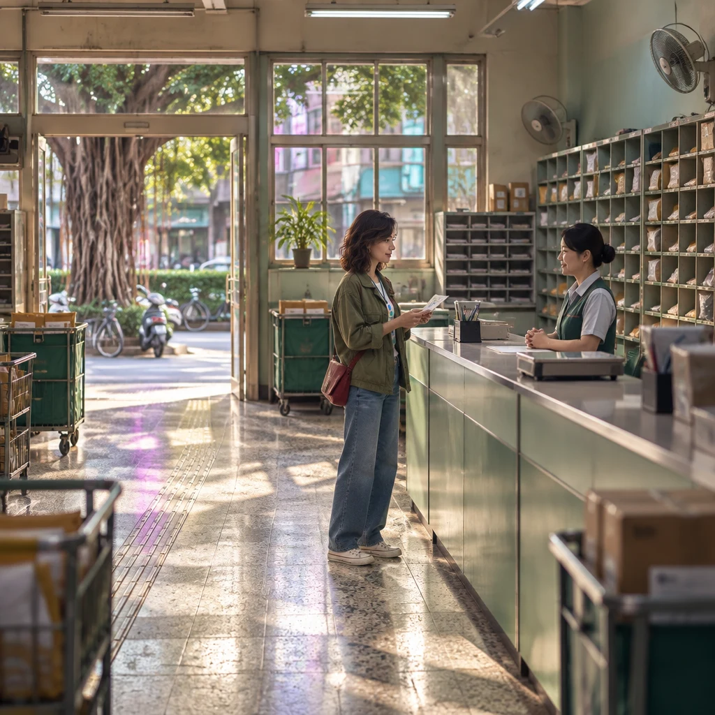 Maya stands inside a Da'an post office holding a postcard while a clerk waits behind a blank counter.
