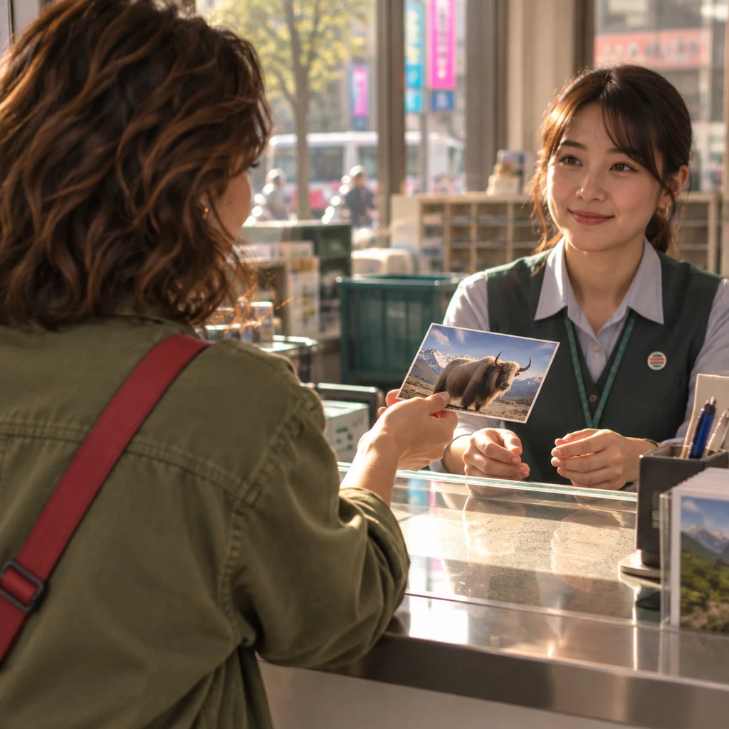 Maya leans over the post-office counter and holds the postcard out toward the clerk.