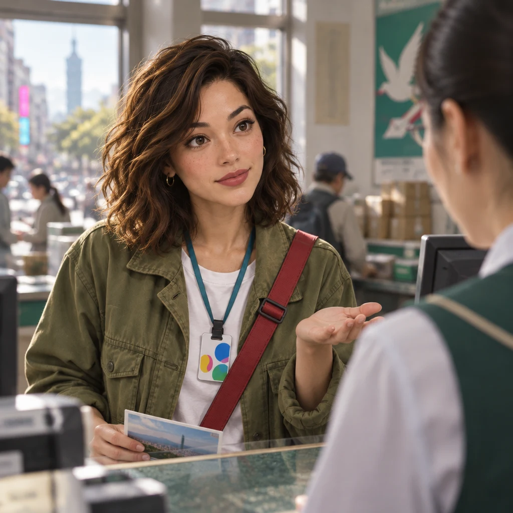 Maya stands upright at the counter with a questioning open palm, still holding the postcard.