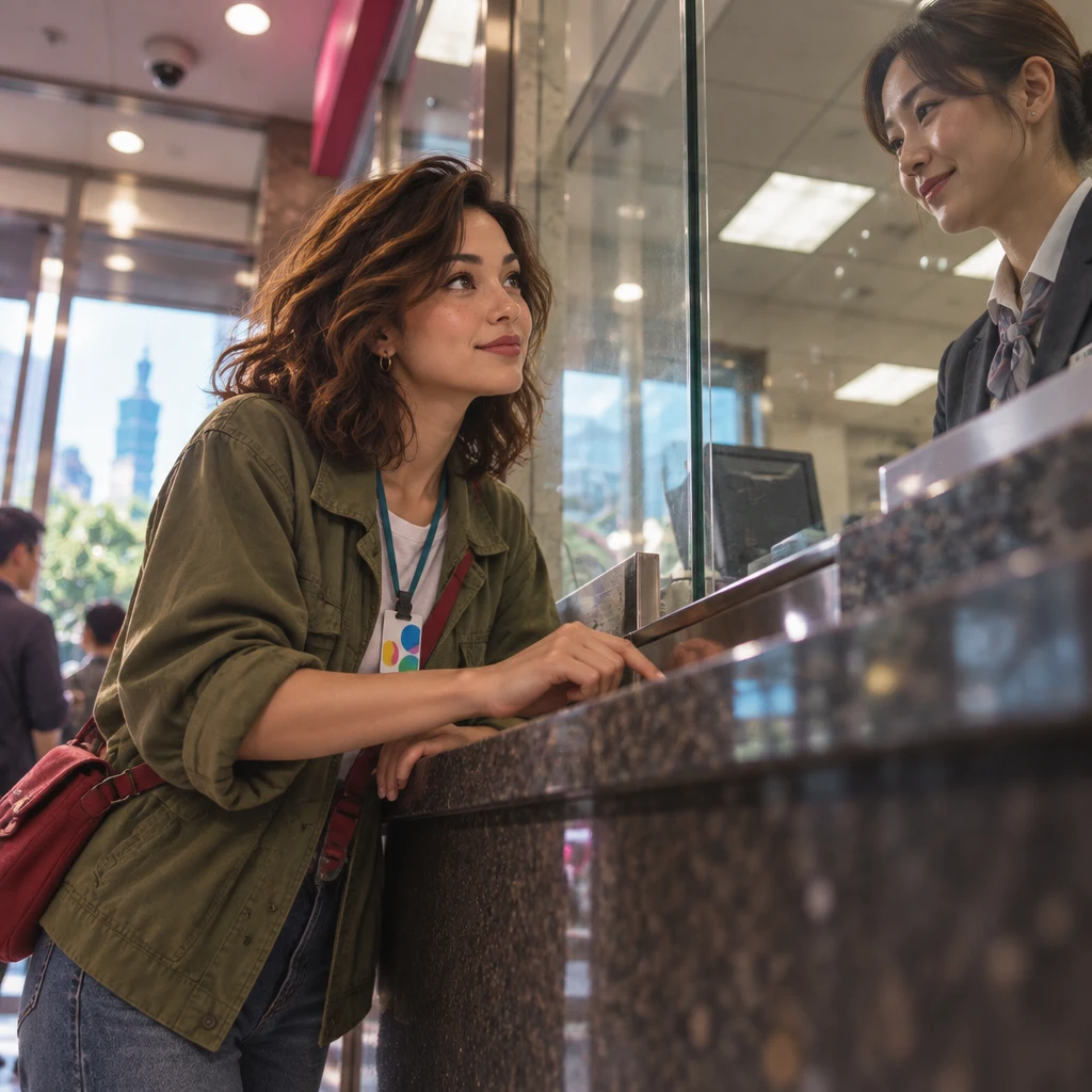 Maya leans both hands on the bank counter and taps the ledge to request a transfer.