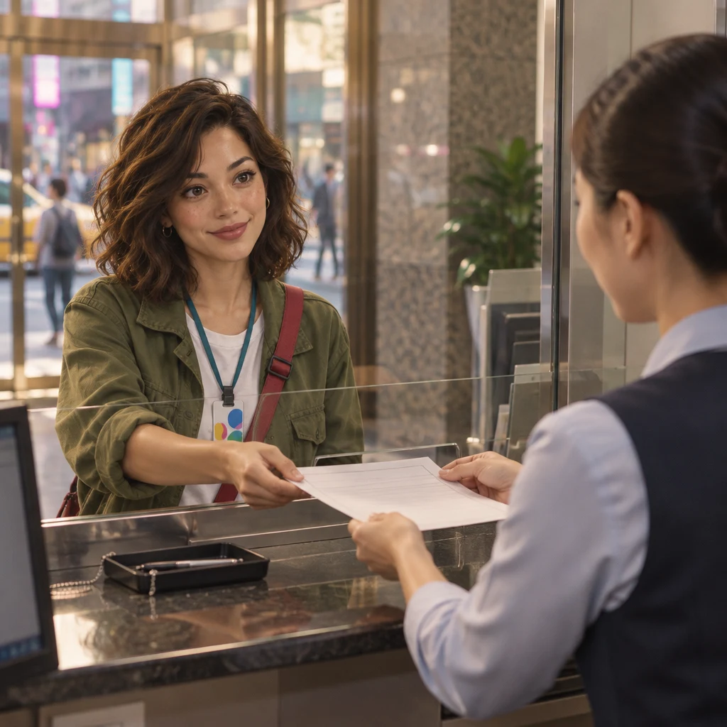 The bank clerk holds a blank form out with both hands while Maya reaches to take it.