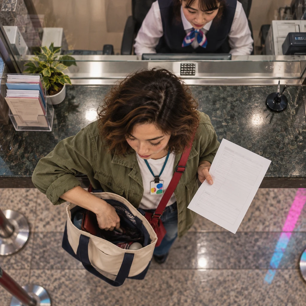 Maya holds the blank form and rummages in a tote as if looking for an ID card.