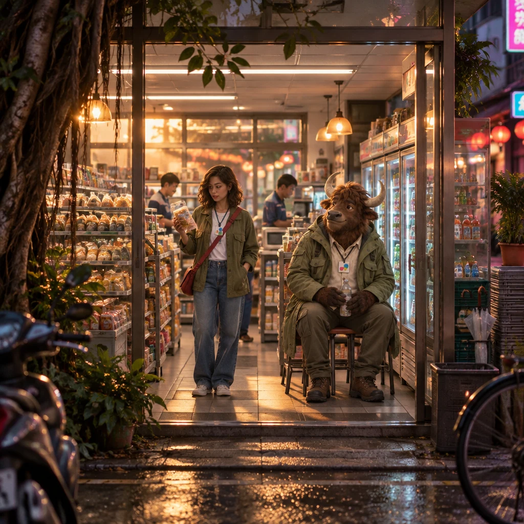 Evening light fills a Taipei convenience store on a banyan lane as Maya stands with a plastic bag of the wrong item, a clerk works the microwave, and A-Li occupies two stools by the drinks.