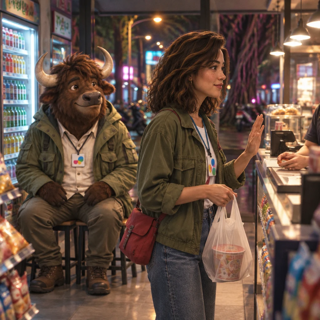 Maya steps toward the counter with one hand raised politely and the wrong bag in the other, while A-Li sits on two stools by the drinks.