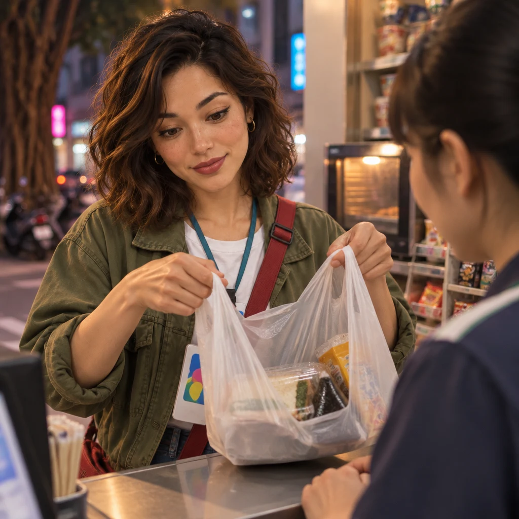 Maya lifts the convenience-store bag to show the clerk that the contents are not what was ordered.