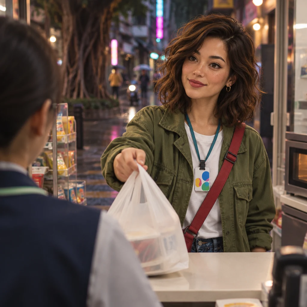 Maya holds the wrong bag out across the counter toward the clerk, asking with posture for the clerk to take care of it.