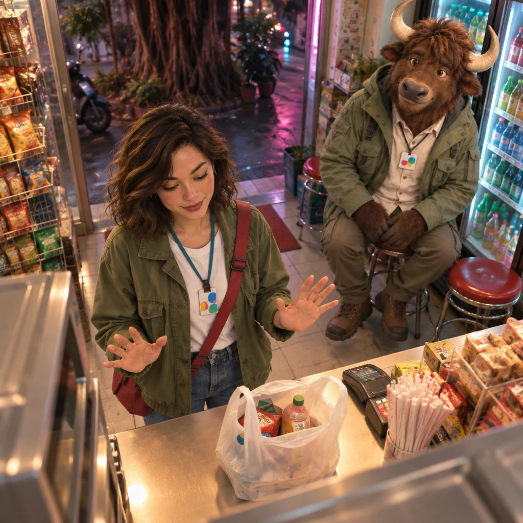 Maya stands with open calming hands beside the bag on the counter, making clear this is a check rather than a scolding, while A-Li watches from two stools.