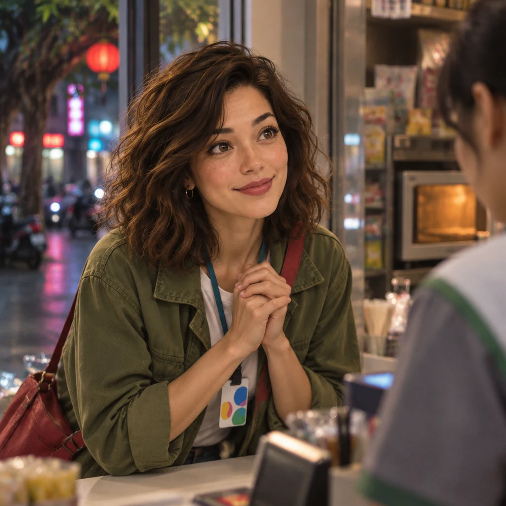 Maya clasps both hands at the chest and leans forward with hope toward the clerk at the microwave.