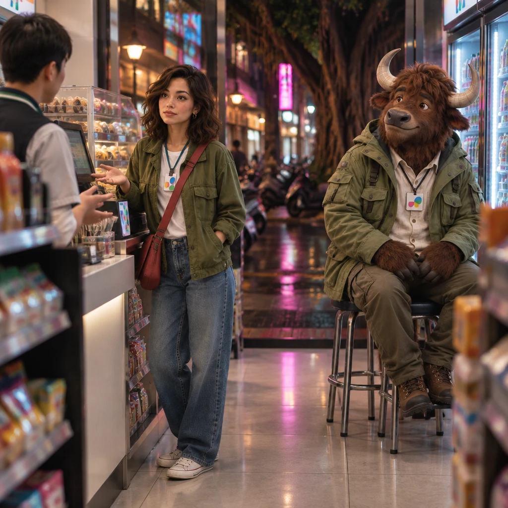 Maya waits at the counter with one palm open toward the clerk, calm and firm, while A-Li sits on two stools in the aisle.