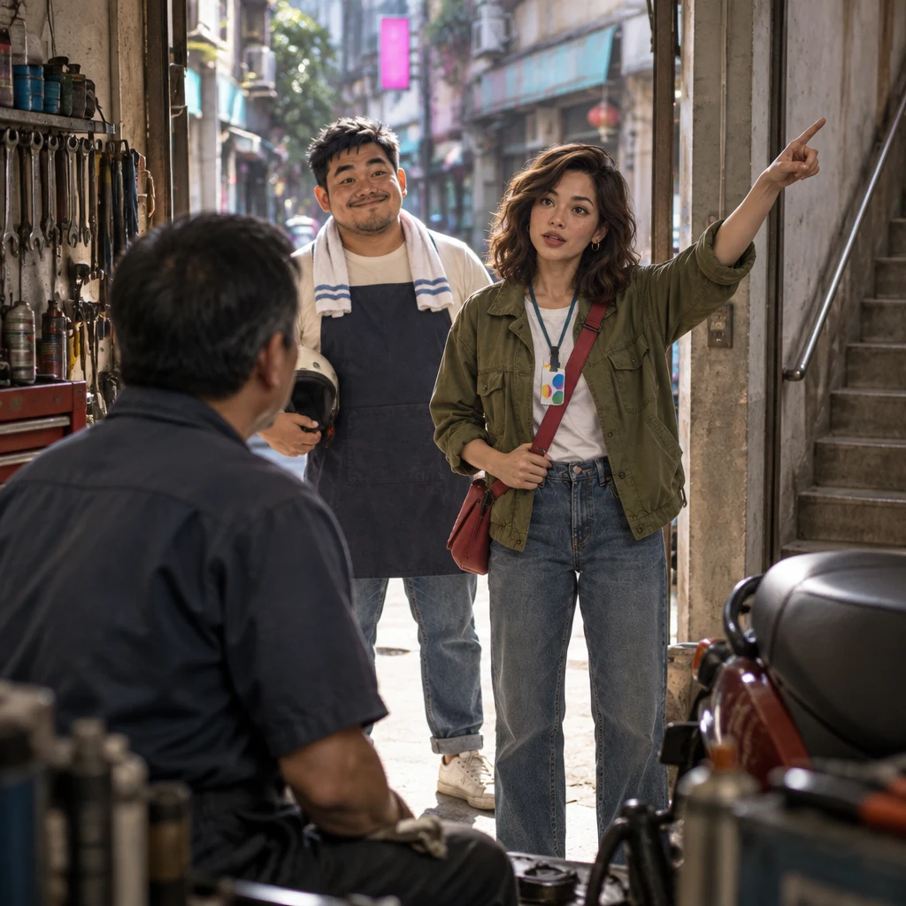 On the lane at the open scooter shop, Maya points up the stairwell toward the rooms above while a mechanic listens and A-Jie stands behind Maya.