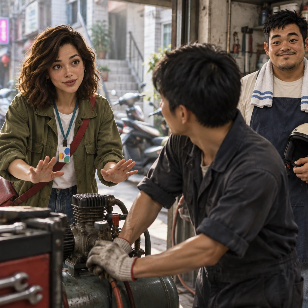 Maya presses both palms gently downward in a keep-it-down plea while the mechanic freezes at the compressor and A-Jie watches from the side.