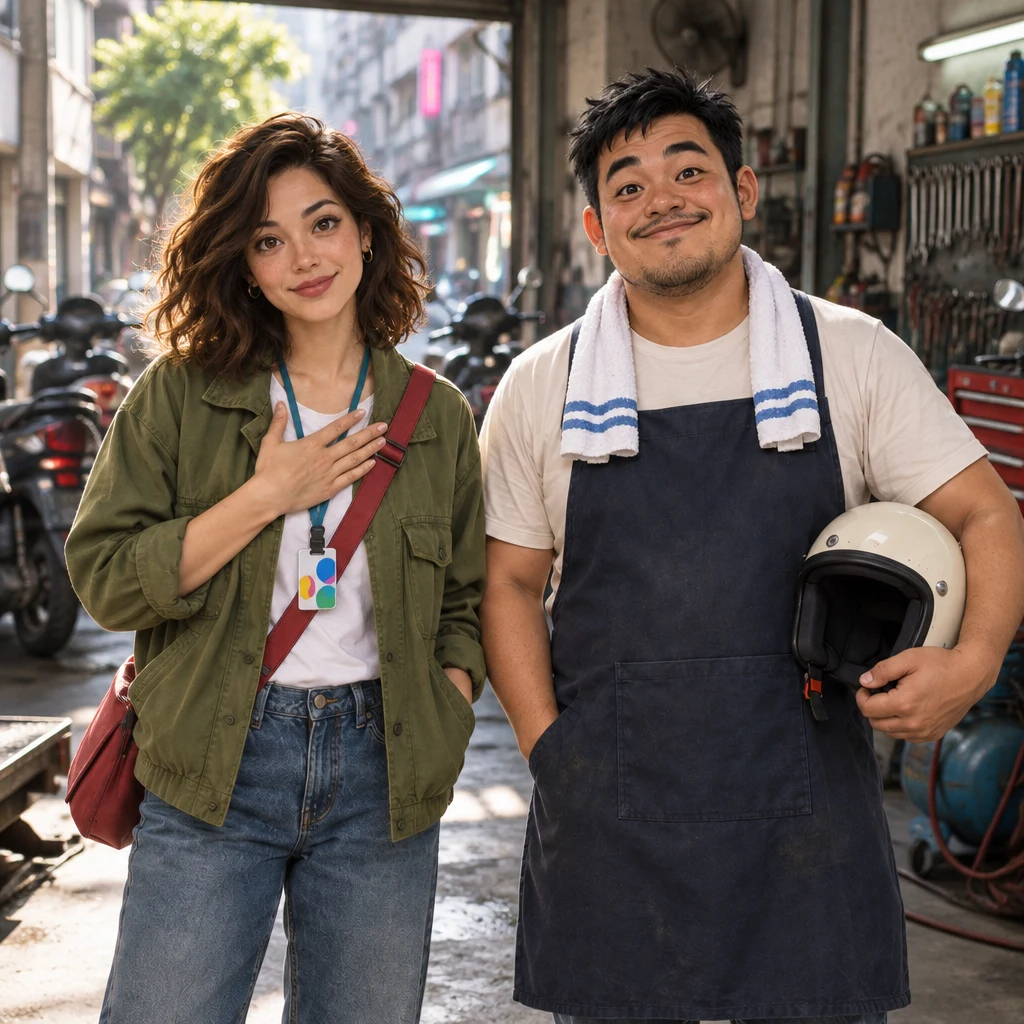 Maya softens the talk with a head-shake and a hand on the chest toward the mechanic, who lets both shoulders drop while A-Jie steps in with a small nod.