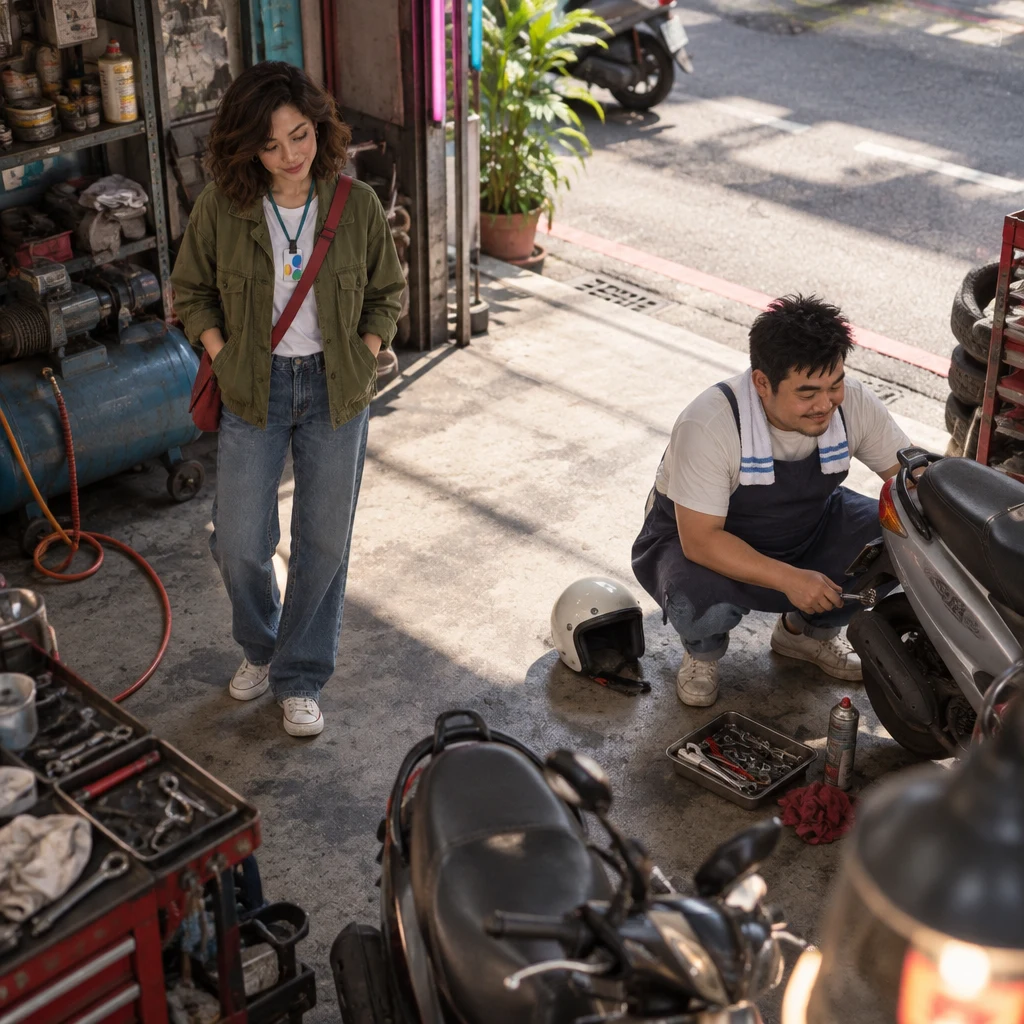 Maya tips the head in sympathy toward the worn-out mechanic and the cluttered shop while A-Jie crouches at a parked scooter and leaves them space.