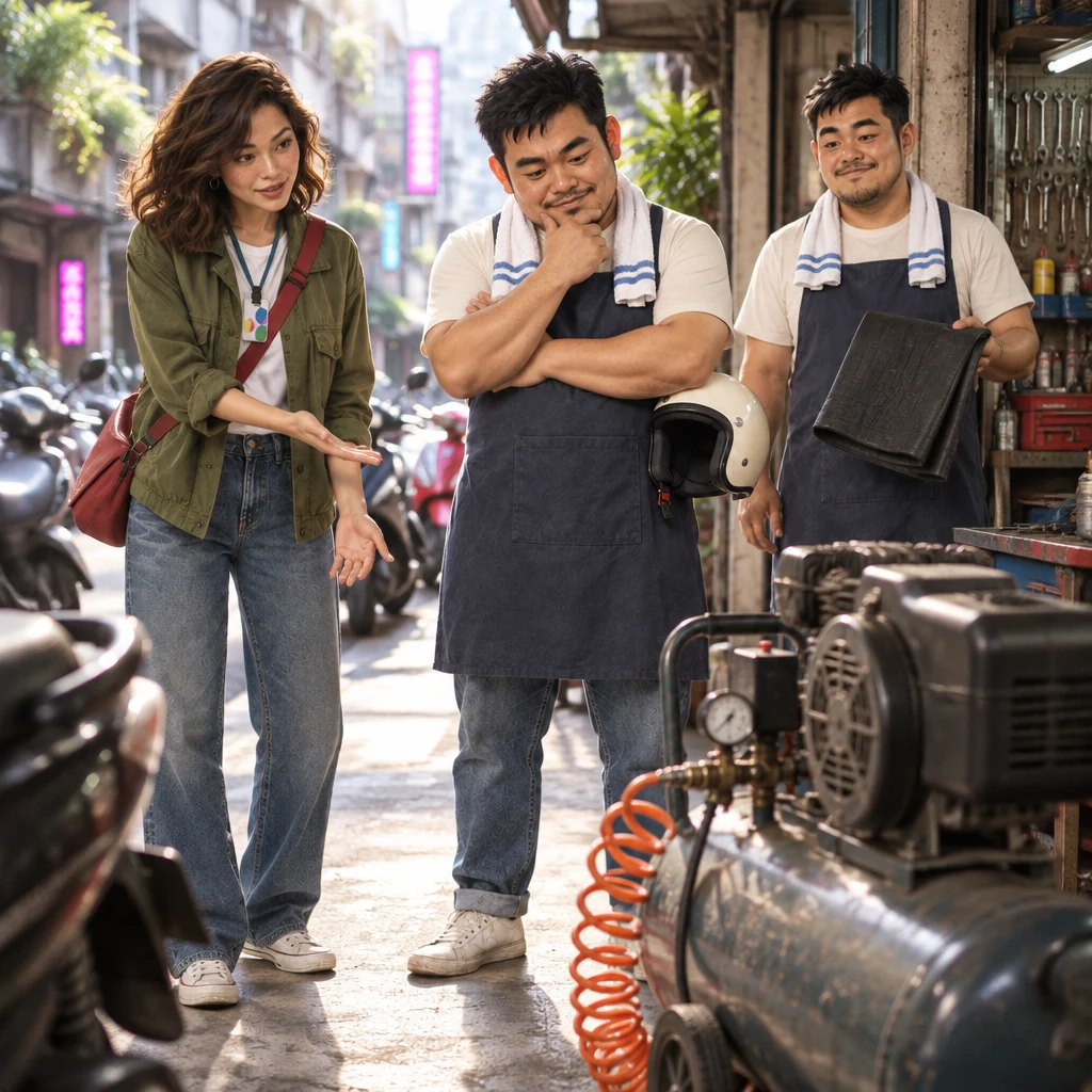 Maya sweeps a hand toward the mechanic and then to the compressor in a let's-solve-this motion while the mechanic thinks and A-Jie offers a folded rubber mat.