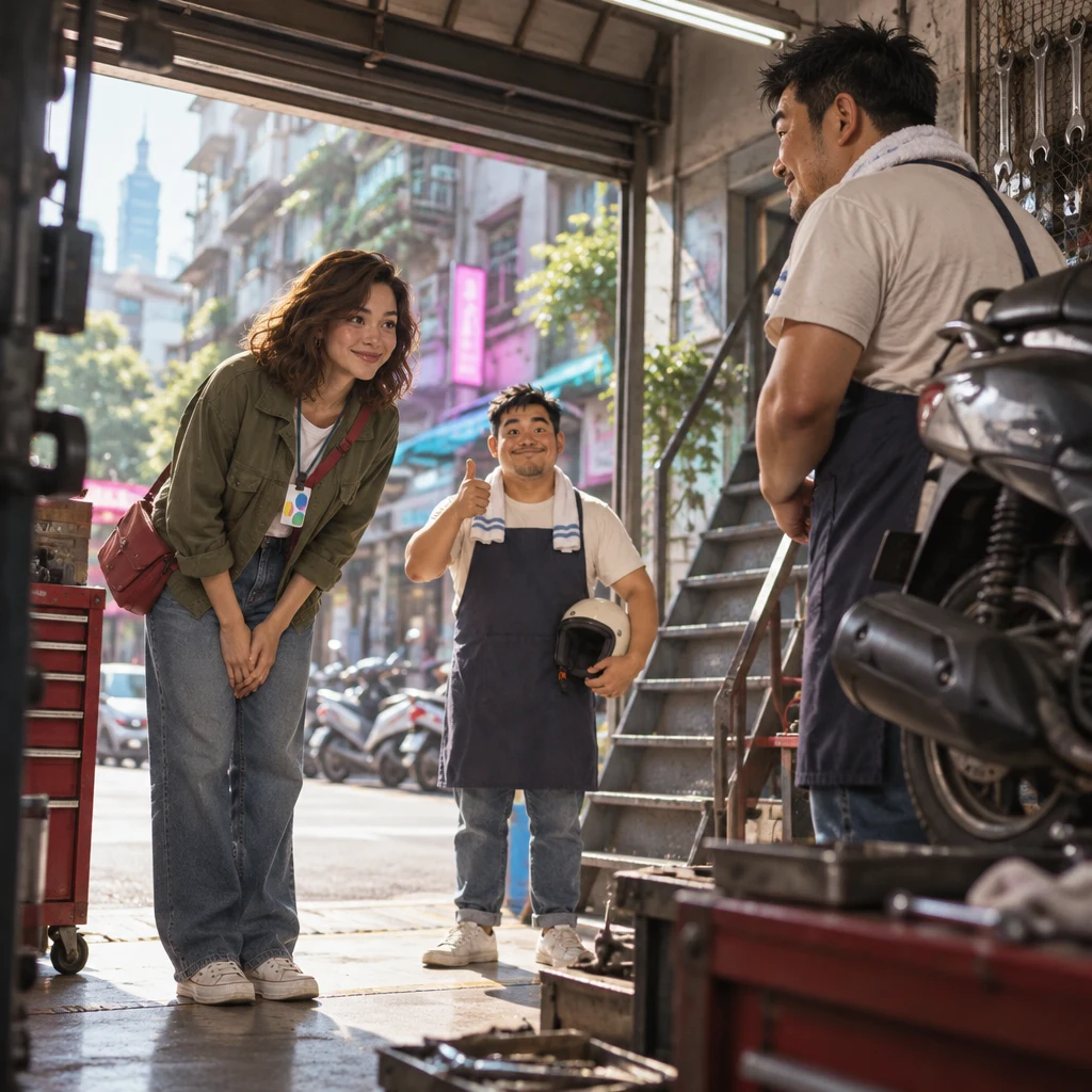 Maya gives a small grateful bow to the mechanic, who nods back, while A-Jie stands at the curb with a thumbs-up.