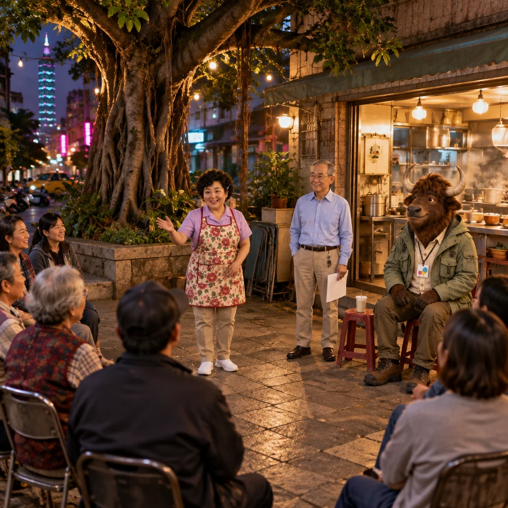 Evening under the corner banyan outside the breakfast shop, tables pushed aside for a lane meeting, with Auntie Lin in the open space, Mr. Wang by the door with a paper, and A-Li the yak on a pair of stools beside a full soy-milk cup.