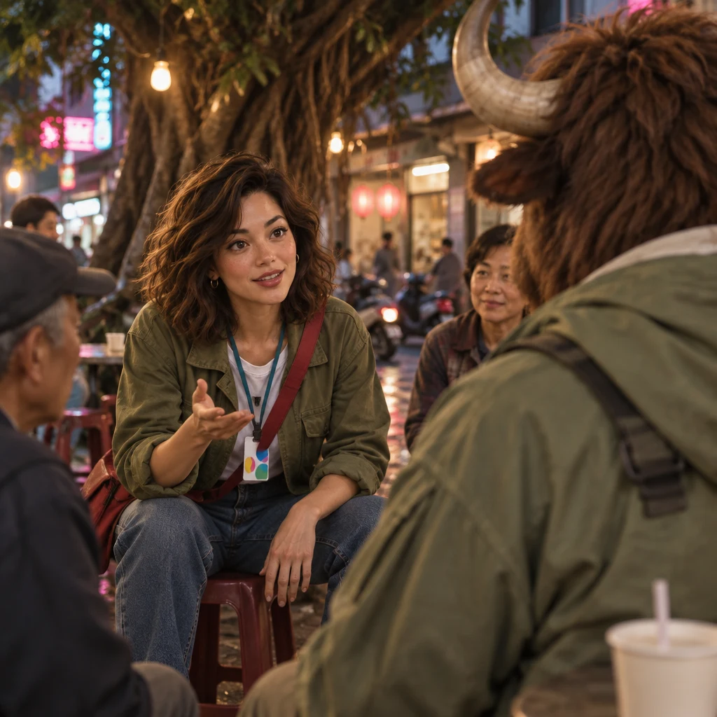 Maya sits forward on a plastic stool with an open hand lifted, offering a suggestion to the evening lane meeting under the banyan.