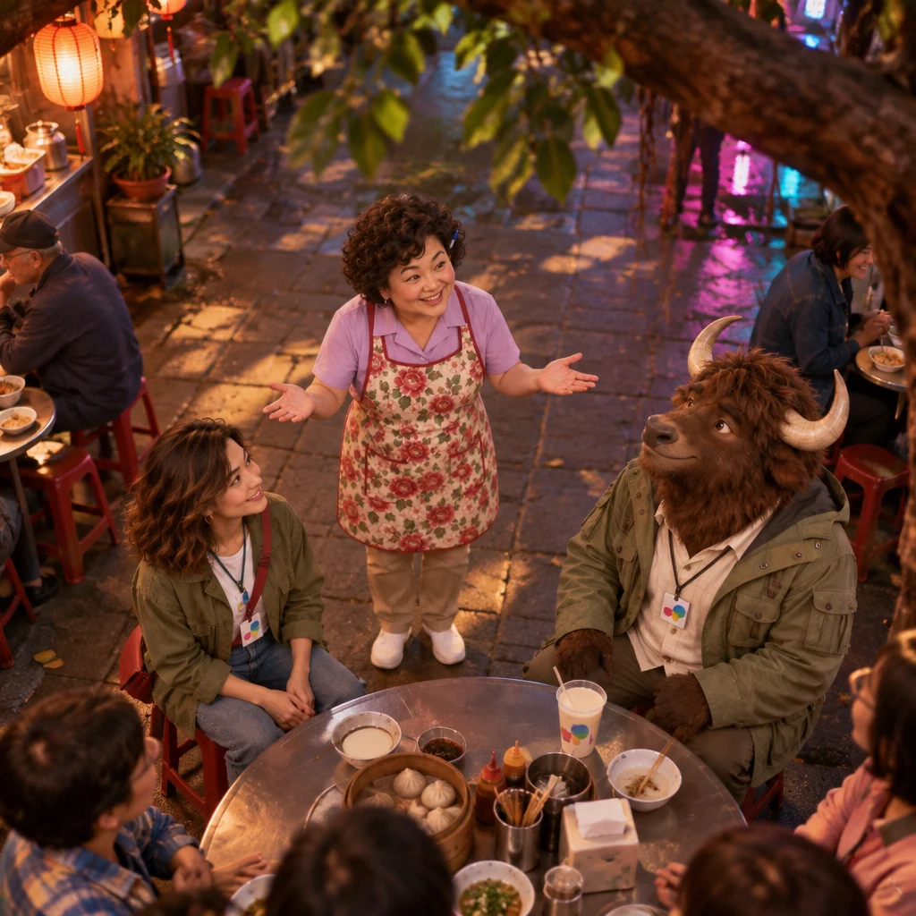 Auntie Lin stands in the cleared lane with both palms open toward the seated neighbors, inviting their views.