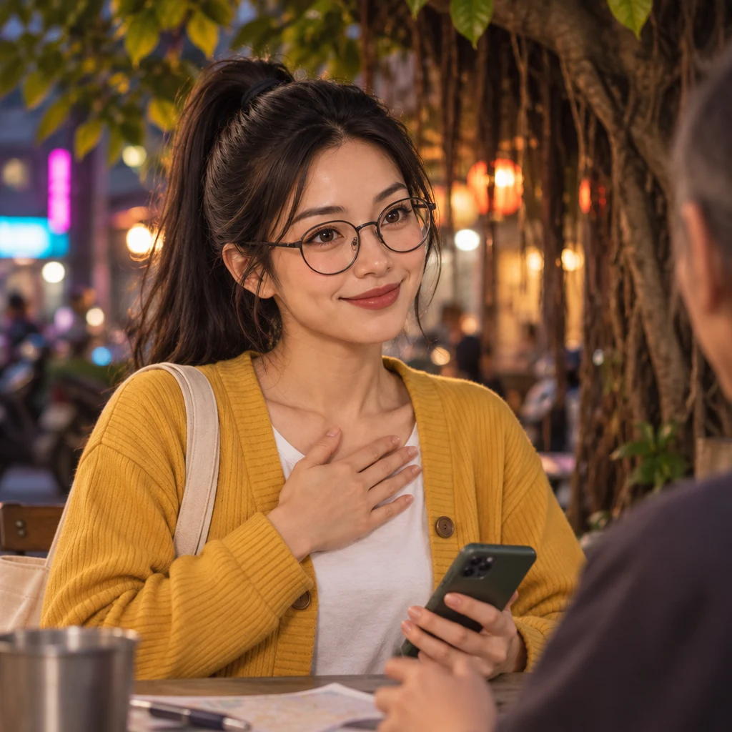 Yi-Jun sits with a small nod and a hand over the heart, showing support for the plan about the tree.