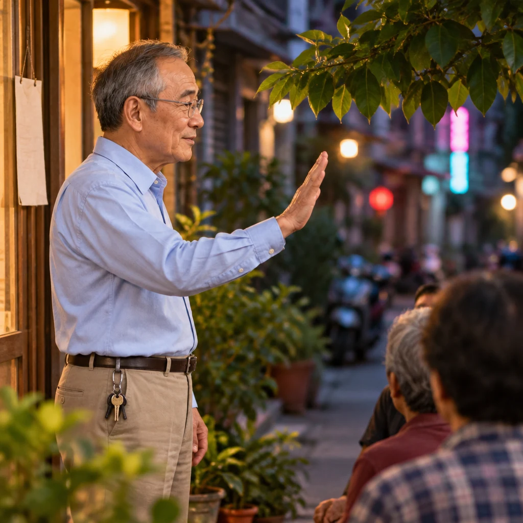Mr. Wang stands a little forward from the shop door with a palm toward the group in a polite counter-gesture, showing a different opinion.