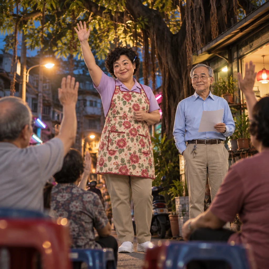 Auntie Lin stands in the cleared lane with an arm raised, calling a vote by a show of hands, while Mr. Wang watches from the shop door.