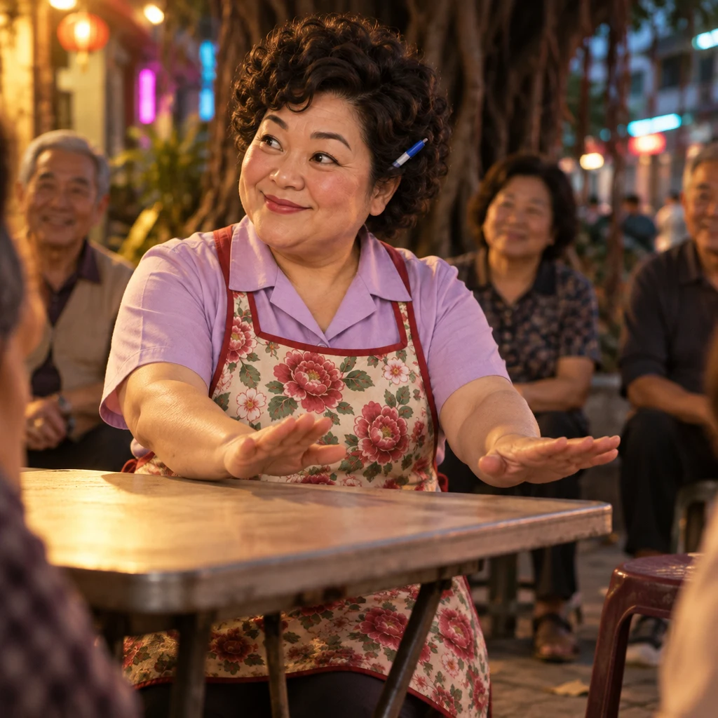 Auntie Lin stands at the center of the meeting with both hands lowering in a closing gesture, as the matter of the tree is settled.