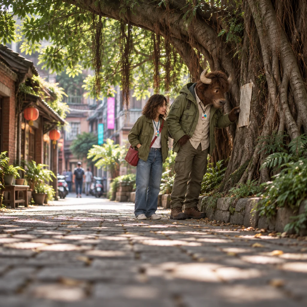 Morning shade pools under the banyan as A-Li leans toward a sheet taped to the trunk and Maya stands beside him.