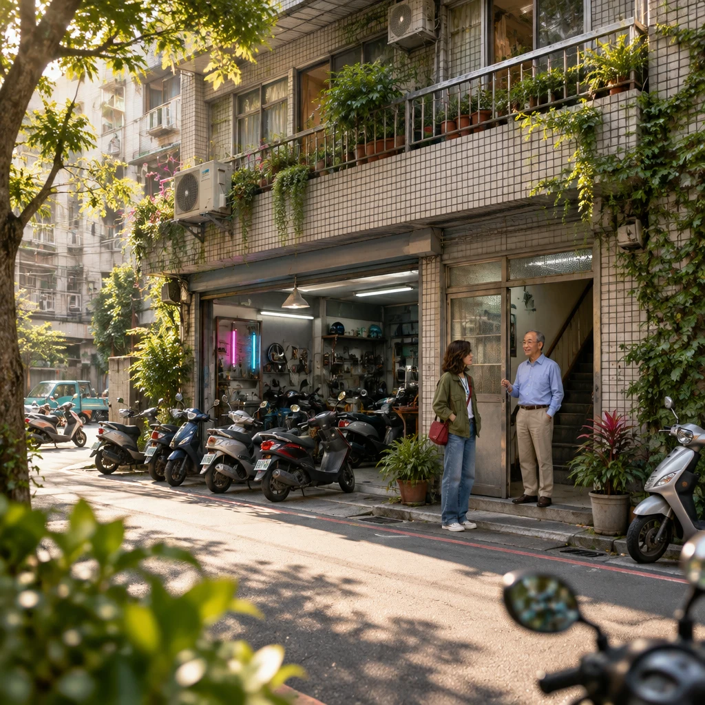 On a clear morning on Banyan Lane, Maya's walk-up sits above a scooter shop while Mr. Wang waits in the open doorway with keys and Maya faces Mr. Wang on the threshold.