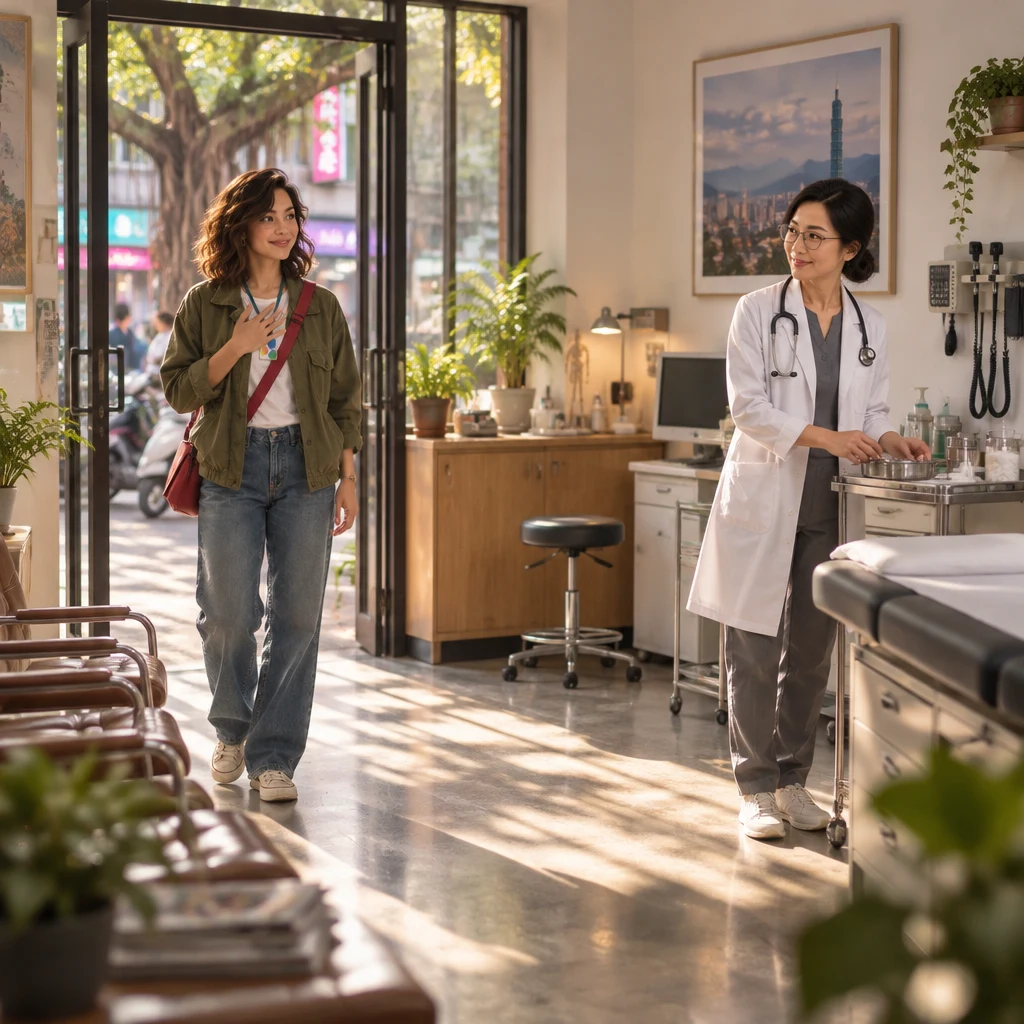 Maya has arrived at Dr. Chen’s clinic and stands small near the door while Dr. Chen waits by the examination couch.
