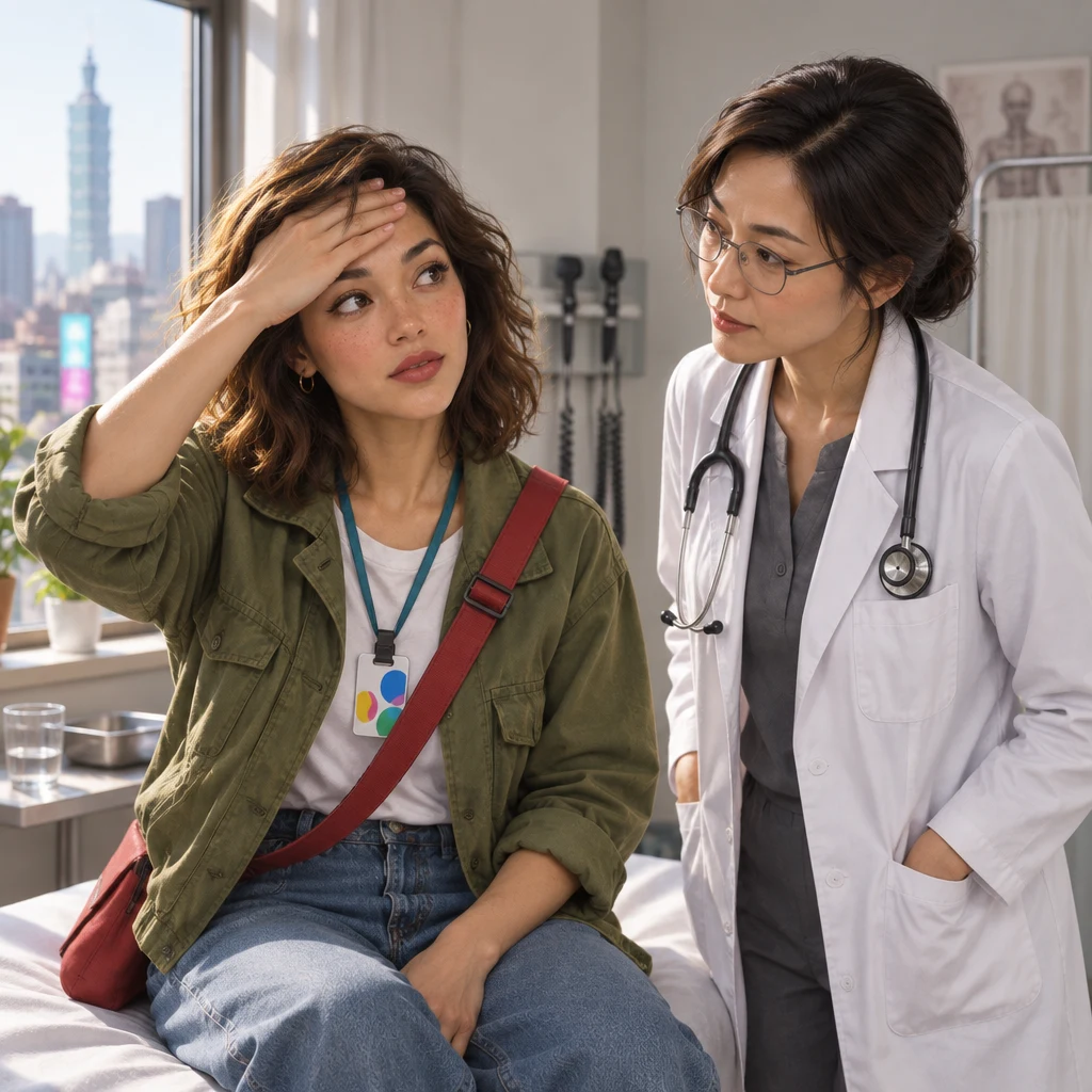 Maya sits on the examination couch and holds a palm to the head to show a fever while Dr. Chen listens.