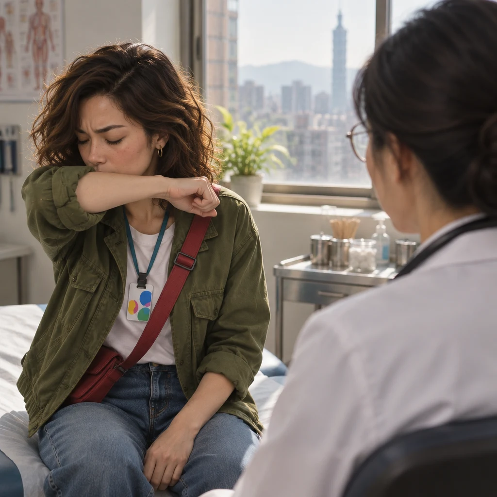 Maya coughs into an elbow on the examination couch while Dr. Chen listens from the foreground.
