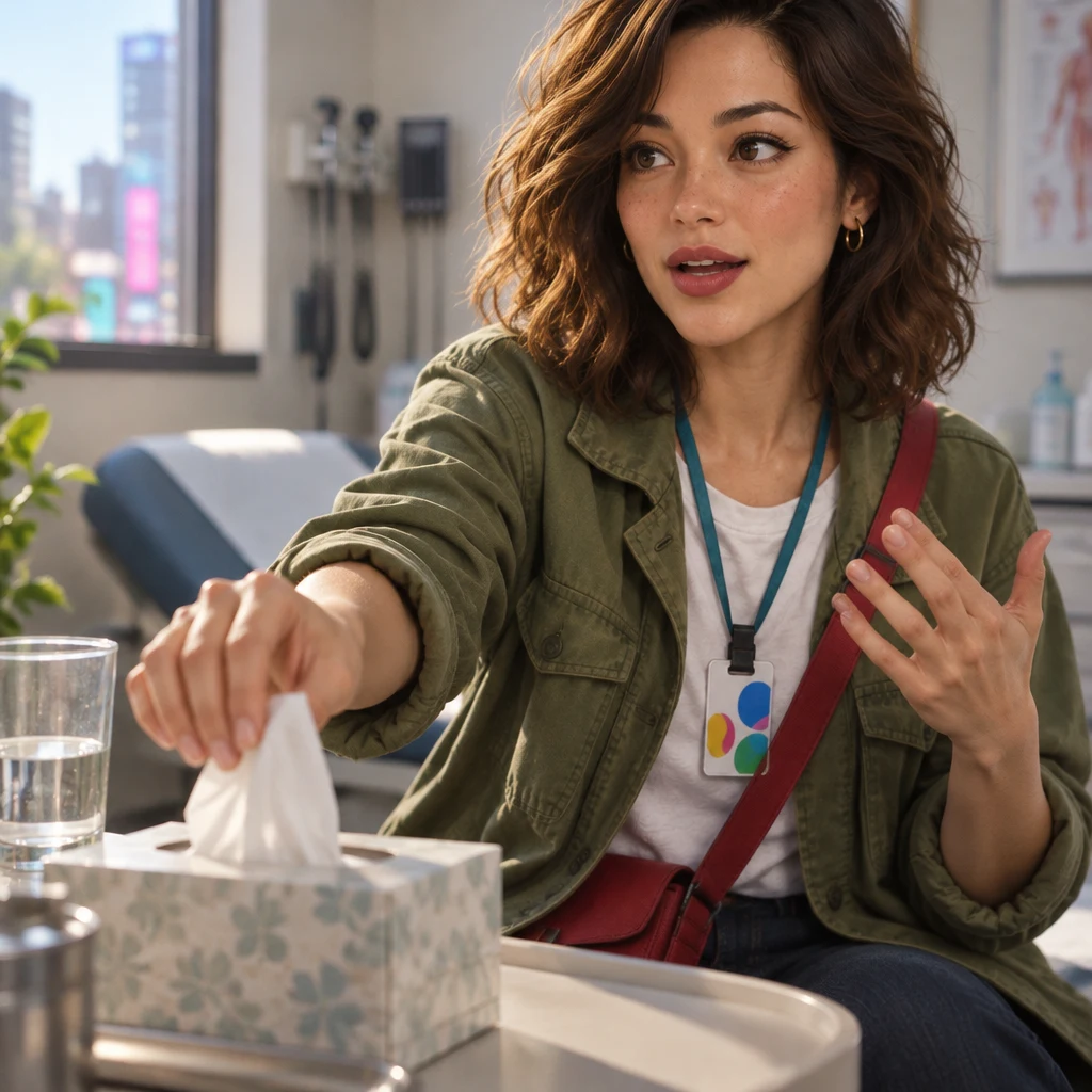 Maya reaches toward a tissue on the side table while describing a cold.
