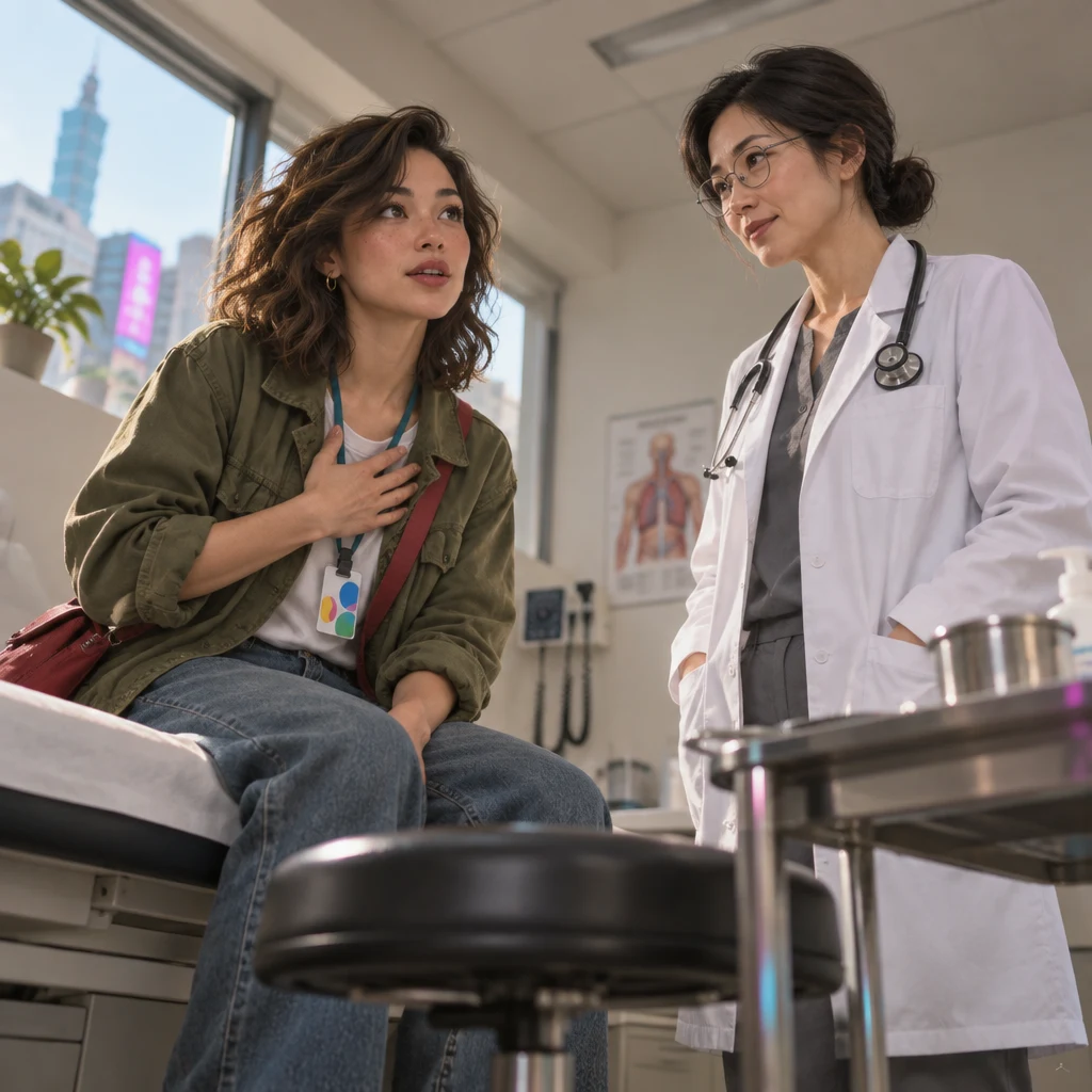 Maya sits forward and explains that the cough is getting worse while Dr. Chen stands and listens.
