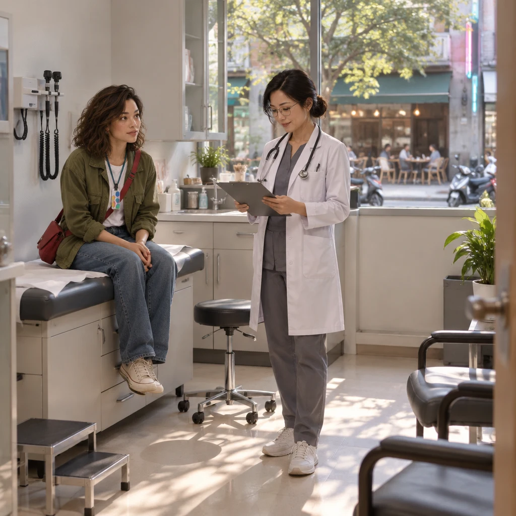 Maya consults Dr. Chen in the neighborhood clinic across from Banyan Breakfast.