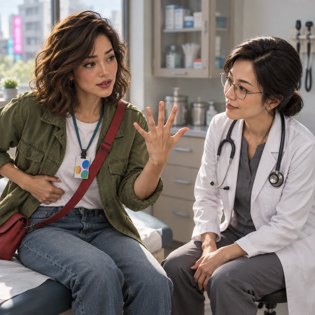 Maya indicates that her pain is about a five while Dr. Chen listens.