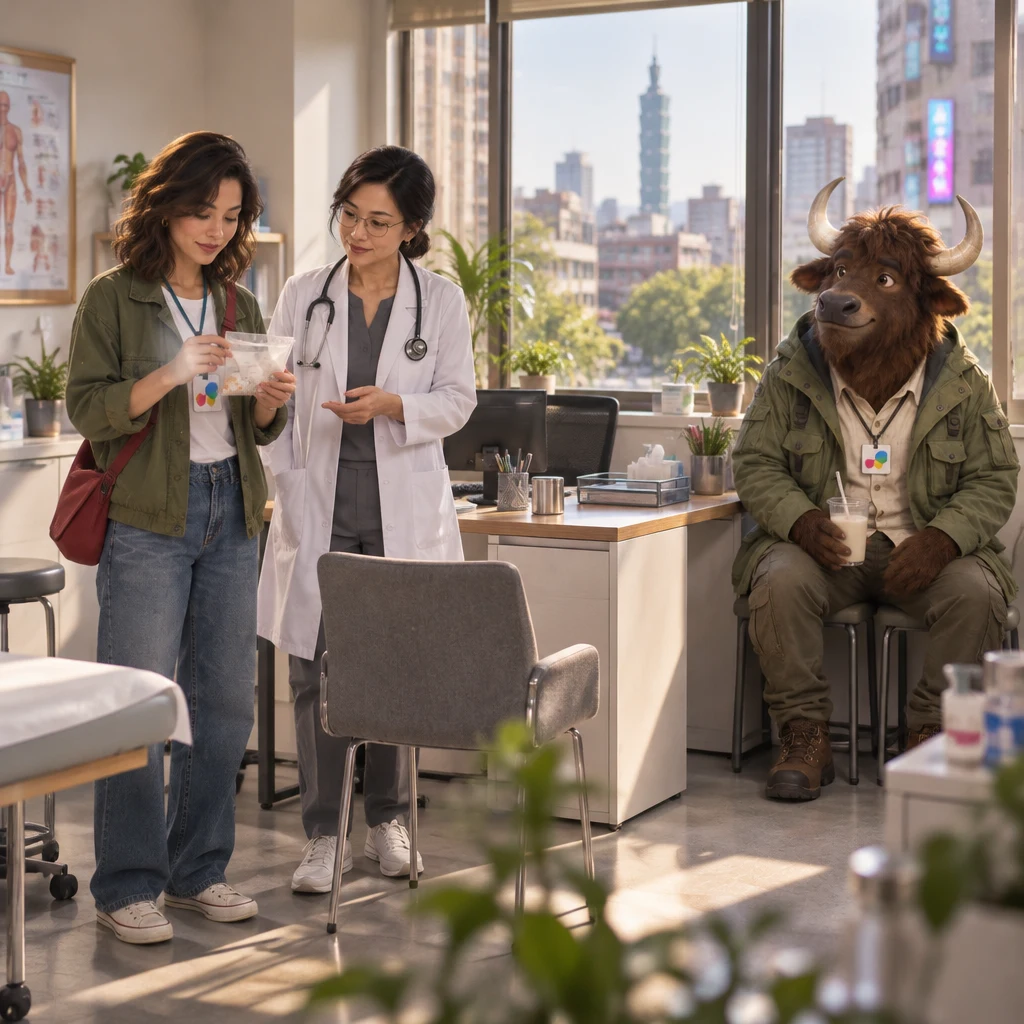 Maya checks a medicine bag at Dr. Chen's clinic while A-Li waits nearby with unfinished soy milk.