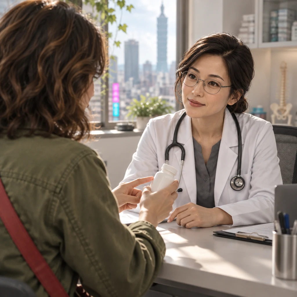 Maya points at a plain medicine bottle and asks Dr. Chen how long she should take it.